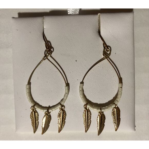3 Feather Gold Tone Drop Earrings. Handmade - Picture 2 of 3